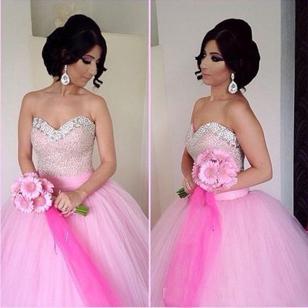 

Newly Pink Tulle Ball Gowns Quinceanera Dresses Sequin Beaded Sweetheart Floor Length Sweet 16 Dresses Pageant Dress Prom Gowns