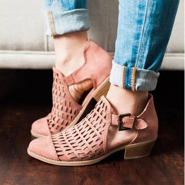 

summer women buckle strap retro ankle boots female hollow out casual thick low heels ladies fashion breathable shoes, Black