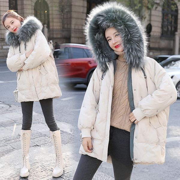 

ozhouzhan 2018 winter new korean mid-length large fur collar loose-fit slimming embroidered cotton coat thick coat cotton-padded, Blue;black