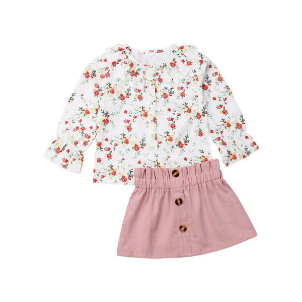 

baby girls cotton clothes set 2pcs toddler baby girl autumn clothes floral printed t-shirt bib floral printed skirt outfits, White