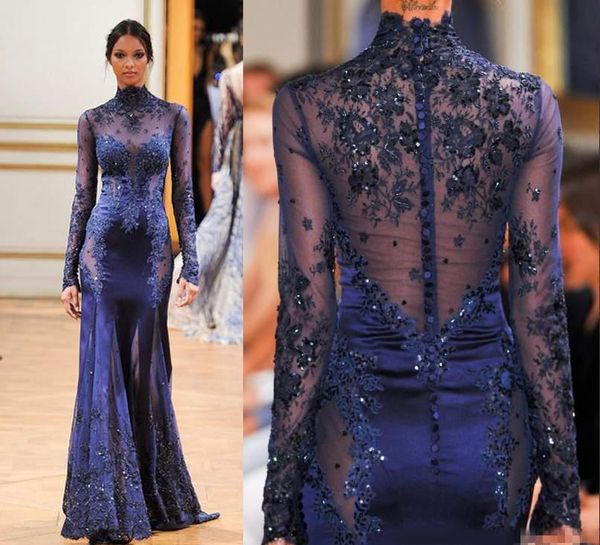 Günstige Zuhair Murad High Neck Spitze Formelle Abendkleider Langarm Durchsichtige Perlen Applikationen Prom Promi-Kleider Individuell Marineblau