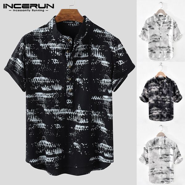 

men's casual shirts 2021 summer man buttons blouse fashion cotton floral men vintage printed shirt short sleeve stand collar blusa 3xl, White;black