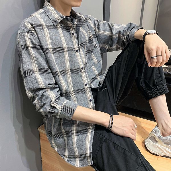 

2019 spring and autumn new trend plaid jacket youth male loose large size long-sleeved shirt black gray / navy blue -5xl, White;black