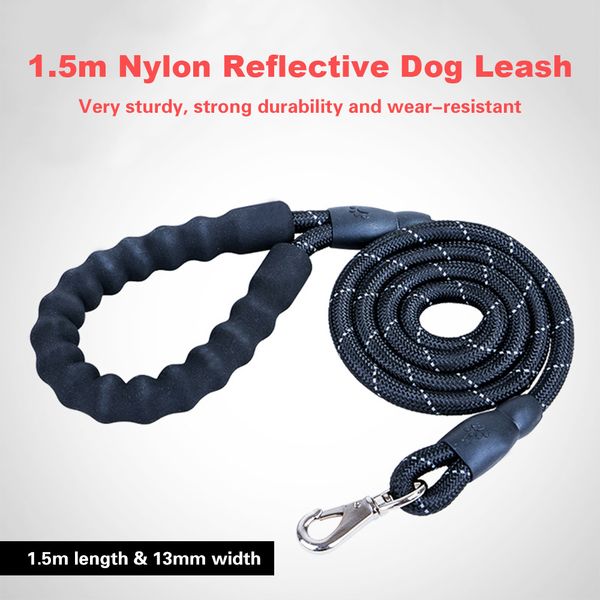 

nylon round reflective dog leash with comfortable padded handle night safety pulling rope training walking leash pet supplies