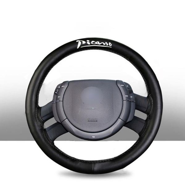 

black genuine leather hand sew car steering wheel cover for picasso car accessories