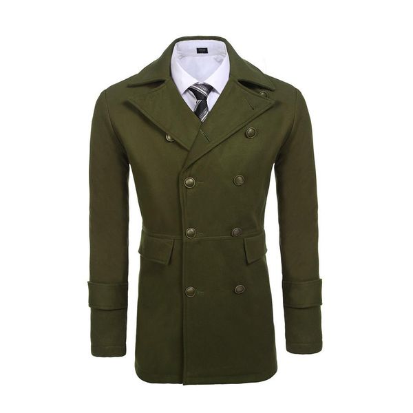 

men solid classic woolen long double breasted winter peacoat sleeve pockets pea casual coat outwear, Black