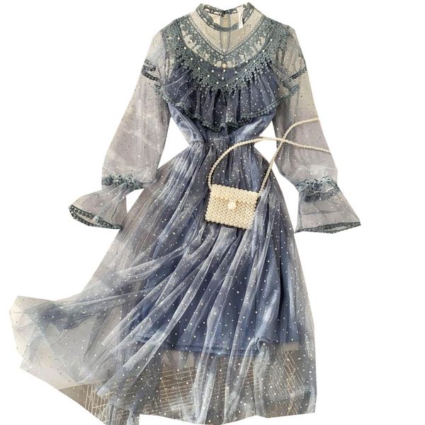 

women's dress french dress fairy chic ruffled sequins beading mesh empire o-neck flare sleeve mid-calf ml856, Black;gray