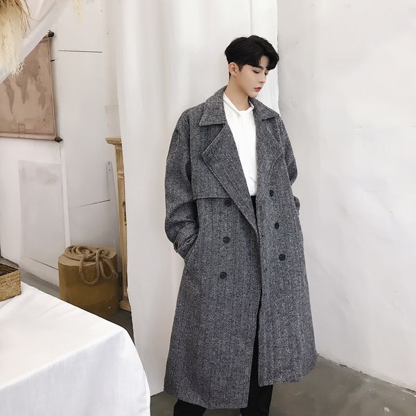 

fashion double-breasted woolen coat male cassic men's outwear casual wild loose youthful coat, Black