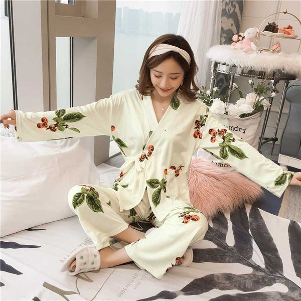 

2019 spring kimono robe sets for women 2 pcs long sleeve robes + pants sleepwear suit cute white pyjama femme home wear, Blue;gray