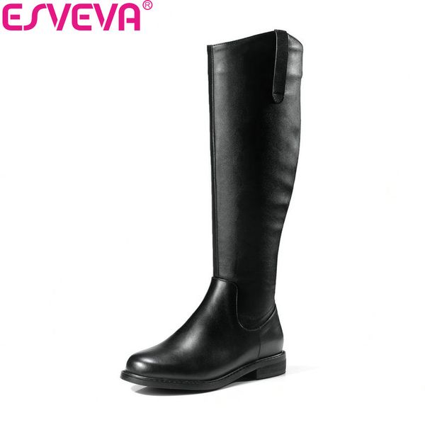 

esveva 2019 women shoes low heels square toe solid winter boots square heels knee high boots zipper autumn shoes size 34-39, Black