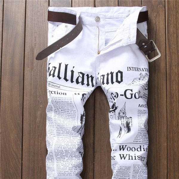 

King Bright Brand Men jean fashion slim fit letters paper print jeans Male plus size 29-38 casual white denim pant Long trousers