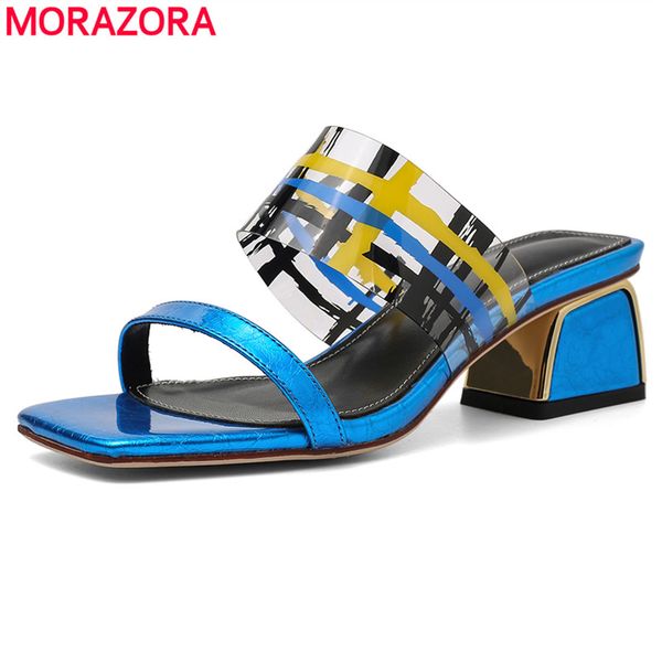 

morazora plus size 34-42 new 2020 ladies shoes women sandals square high heels slip on summer shoes female dress party, Black