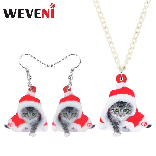 

weveni acrylic christmas hat short hair cat kitten jewelry sets necklace earrings animal jewelry women teen girl decoration gift, Silver