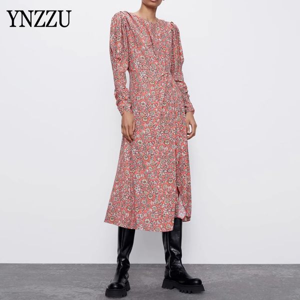 

fashion puff sleeve women midi dress 2020 new o-neck floral print dresses female folds party vestidos autumn elegant ynzzu yd435, Black;gray
