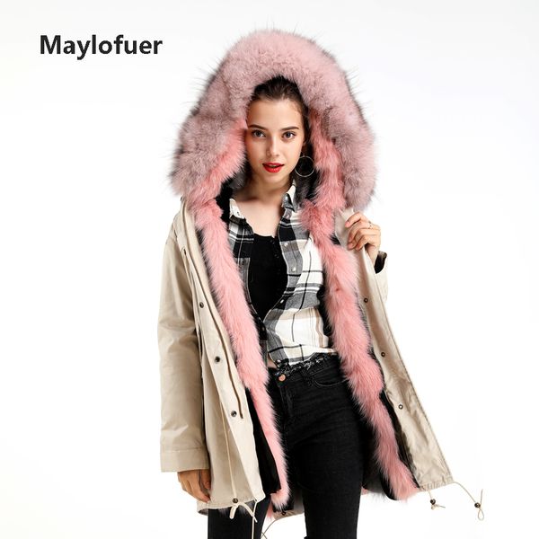 

maylofuer khaki out jacket women real fox fur parka detachable liner hooded coat, Tan;black