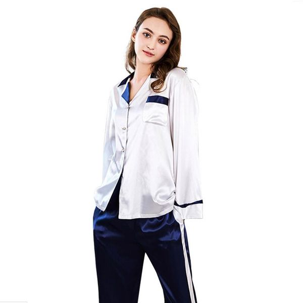 

satin pajama woman sets turn-down collar patchwork long sleeve faux silk nightgowns for women sleep and pants autumn, Blue;gray