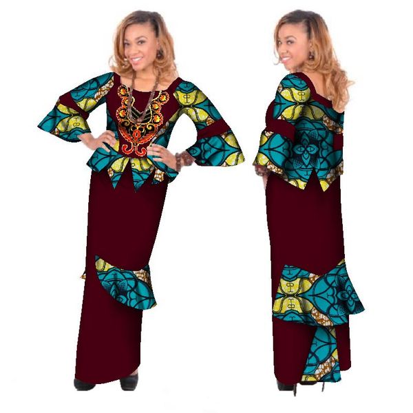 Bazin Riche Africano Tops Bordados e Ruched Maxi Conjuntos de Saia para As Mulheres Africano Impressão 2 Peça Conjunto de Saias Splice Vestuário WY173