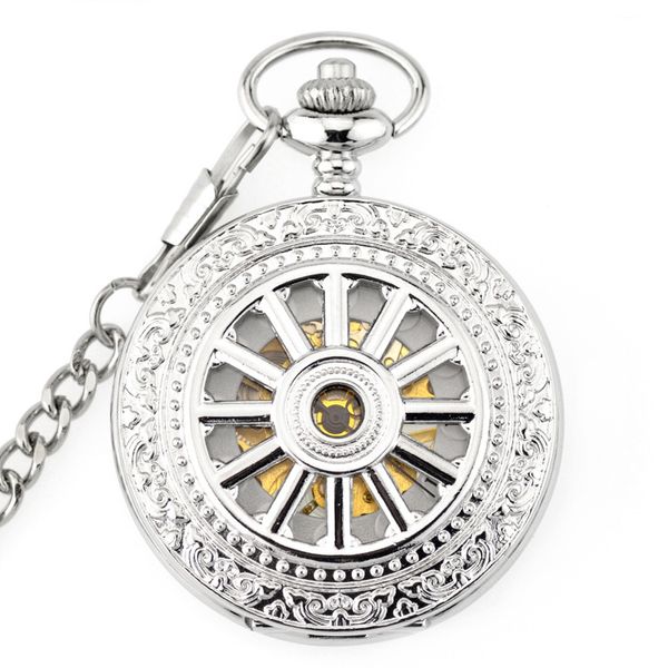 

new keleton automatic mechanical pocket watch steampunk men antique luxury necklace chain silver pocket fob watch, Slivery;golden