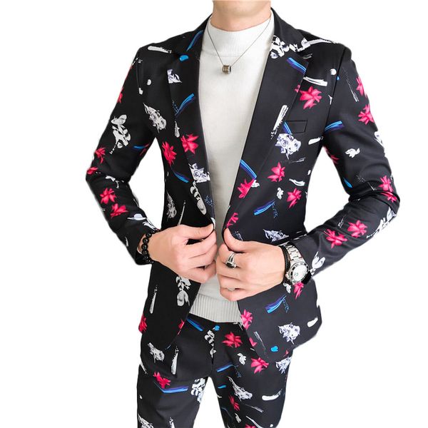 

men's suit two-piece fashion print bar party nightclub trend male formal party suits (blazer + pants) personality tide suits, White;black