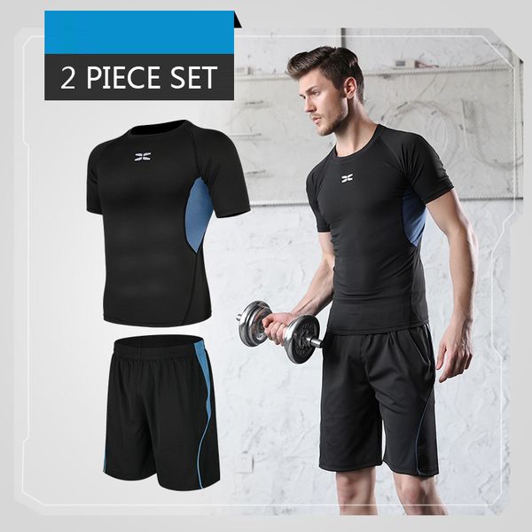 

men's running sets compression sports suits tights short sleeve gym t shirt dry fit training sportswear fitness, Black;blue