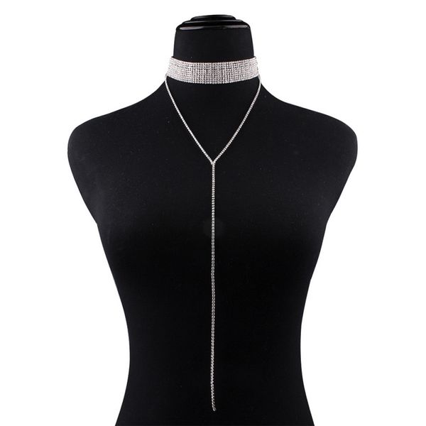 

2020 new arrival fashion trendy female multi-layer shiny necklace noble elegant collar full rhinestone y-shaped necklaces, Silver