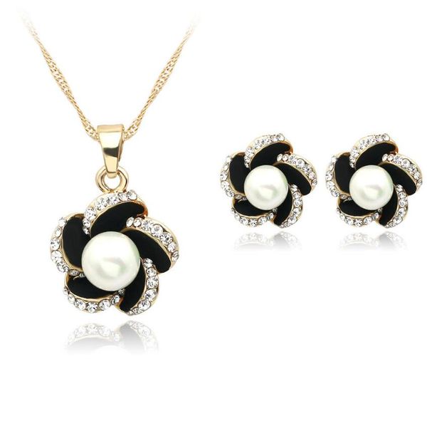 

flower pendant necklace earrings sets pearl crystal windmill jewelry sets women wedding accessories, Silver