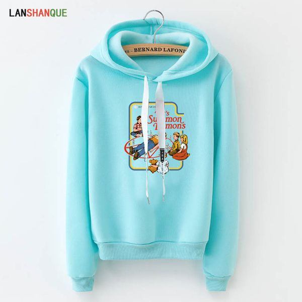 

hooded funny casual sweatshirts women s-3xl loose o neck pullover autumn winter let's summon demons cartoon graphic funny hoodie, Black