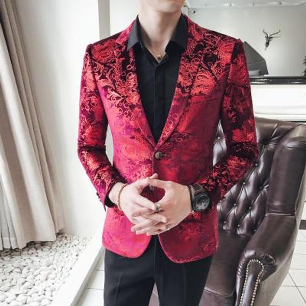 

jacket mens blazers red floral luxury tuxedo designs americana hombre slim fit prom dress stage jacket blaser plus size 2018 new, White;black