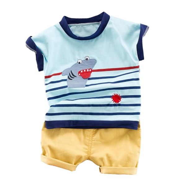 

summer baby boys short sleeve striped animal print blouse t-shirt+shorts casual outfits sets 0-4t, White