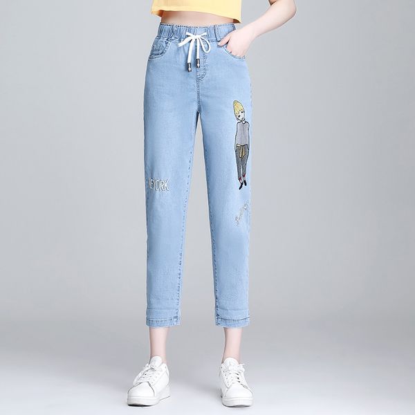 

2020 summer womens trousers cute lace up high waist cartoon embroidery skinny cotton denim pants loose boyfriend jeans, Blue