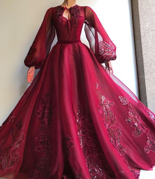 

dark red a line organza long sleeve elegant evening formal dresses gowns 2019 new arrival red carpet celebrity prom dresses lebanon, Black;red