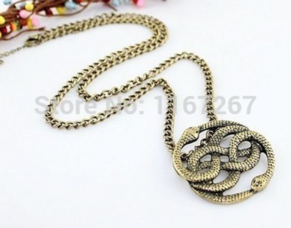 

2014 new vintage jewelry never ending story punk style vivid two snakes pendant necklace factory direct wholesale jewelry, Silver