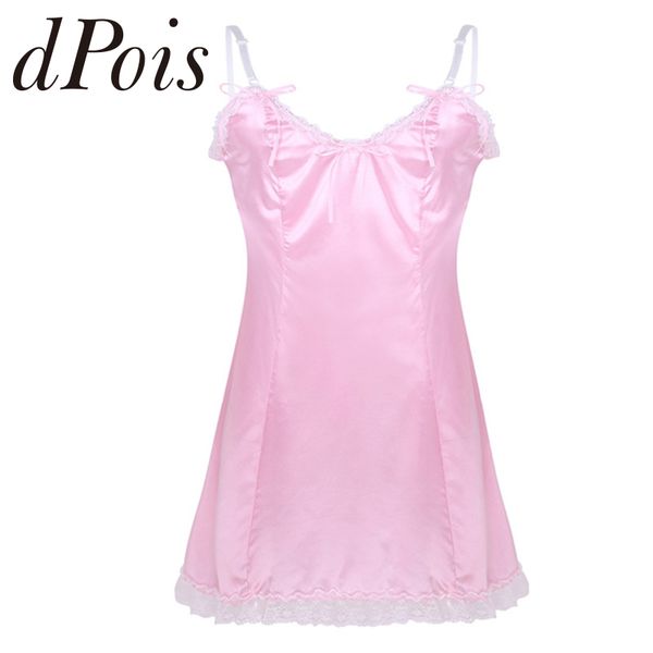

sissy men adults smooth satin adjustable spaghetti shoulder straps v-neckline low back sissy fancy vintage slip dress sleepwear