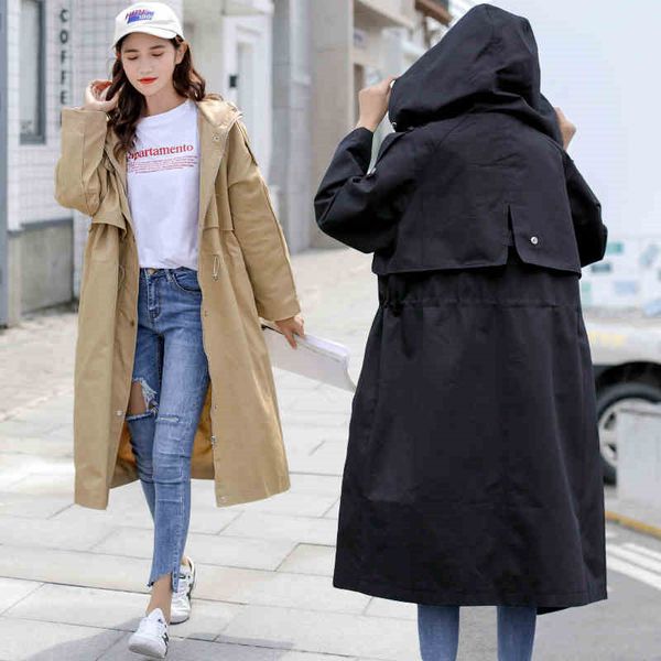 

2019 new hooded windbreaker long section middle school students spring autumn wild chic loose jacket female casual outwear f1626, Tan;black
