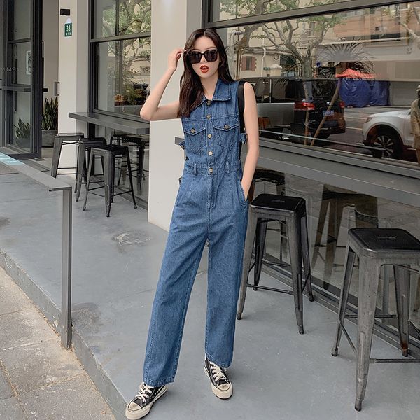 

2020 summer sleeveless jumpsuits straight jeans slim casual blue one-piece denim pants office lady elegant romper overalls 8606, Black;white