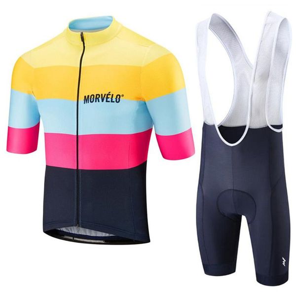 

summer morvelo 2020 men's clothing cycling clothes kits short sleeve mtb breathable bib shorts set 19d gel pad, Black;blue