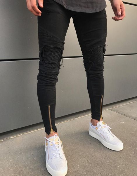 

дизайнерские мужские рваные байкер узкие джинсы черный с zipper slim fit stretch hip hop джинсы брюки, Blue