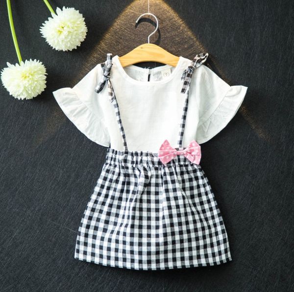 

puff sleeve t-shirt +suspender grid skirts 2pcs baby girls summer outfits children fashion clothing set kids clothes, White