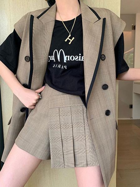 

women's vests vintage blue sleeveless blazer waistcoat vest casual plaid female jacket double breasted spring summer women retro outwea, Black;white