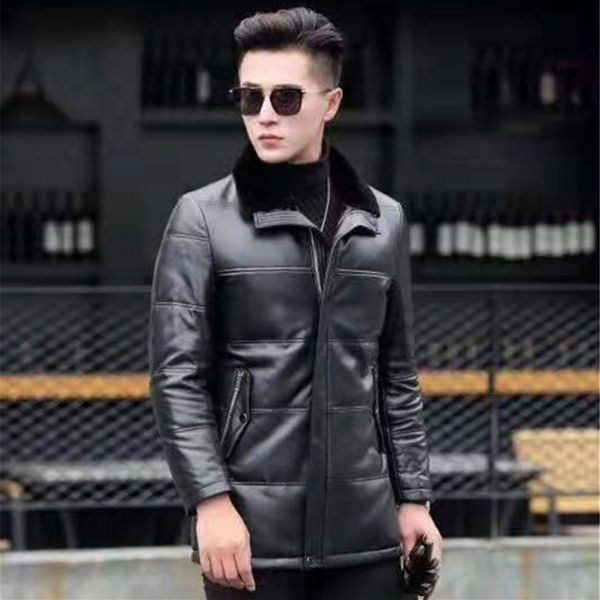 

men's duck down leather jacket men lambskin genuine leather jacket winter warm down coat with removable sheep fur collar, Black