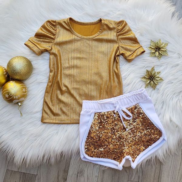 

0-4y младенческая детская ребёнки одежда комплекты puff sleeve solid t рубашки топы + sequined шорты 2pcs костюмы, White