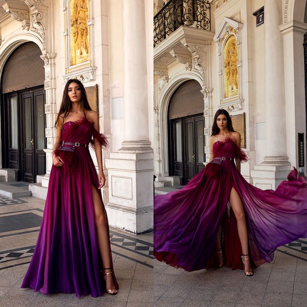 

2020 a line ombre evening dresses sweetheart feather split chiffon prom gowns custom made formal party dress robes de soirÃ©e, Black;red