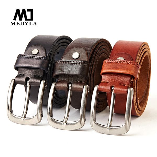 

medyla natural leather men's leather belt classic pin buckle design fashion modern youth jeans decorative new belt, Black;brown