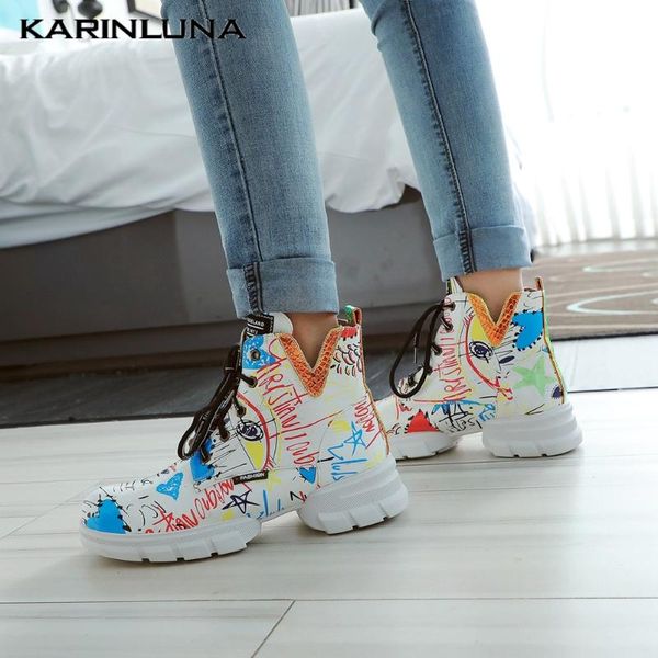 

karin 2020 design large size 43 women boots med heels round toe platform graffiti cross-tied winter women shoes, Black