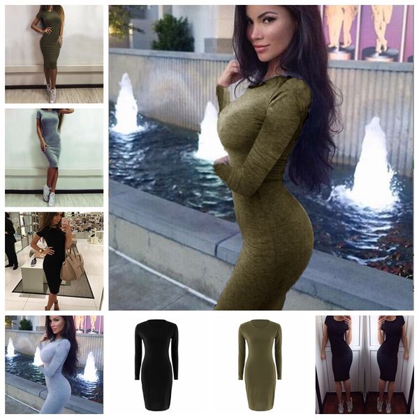 

european fashion solid color long sleeve round neck gray, black, military green dress s, , l, xl support mixed batch, Black;gray