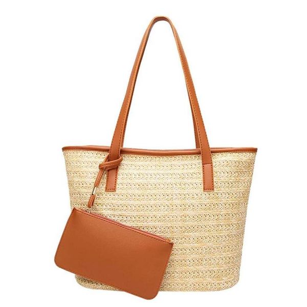 

fashion women casual shoulder bag straw bags woven bucket bag handbag (brown