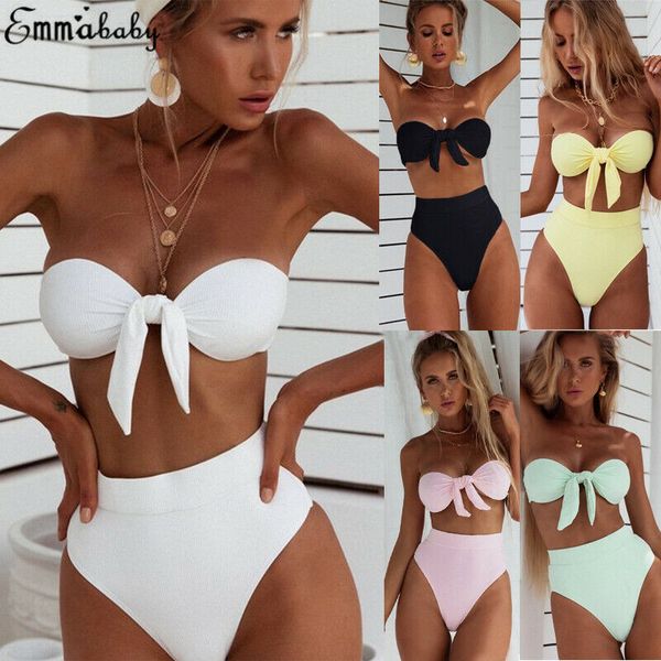 

2019 summer solid color women swimsuit push-up bra knotted tube bikini set two piece swimwear high waist women bathing suit
