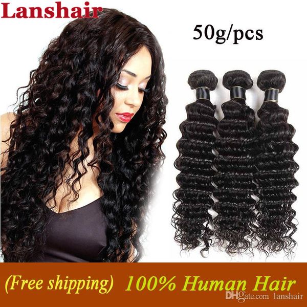 

глубокой волна бразильского человеческих волос необработанного virgin extensions волос три связки deep wave queen double hair уток 50g / pcs, Black