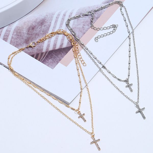 

wholesale-and american jewelry retro cross multi-layer necklace women's fashion simple business baitie clavicle chain, Silver