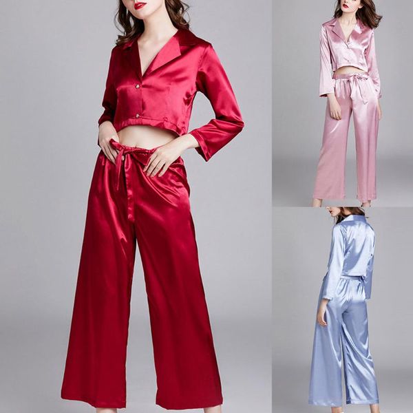 

piece summer women sleepwear faux silk satin pajamas set long sleeve sleepwear pajamas suit female homewear home clothes, Black;red
